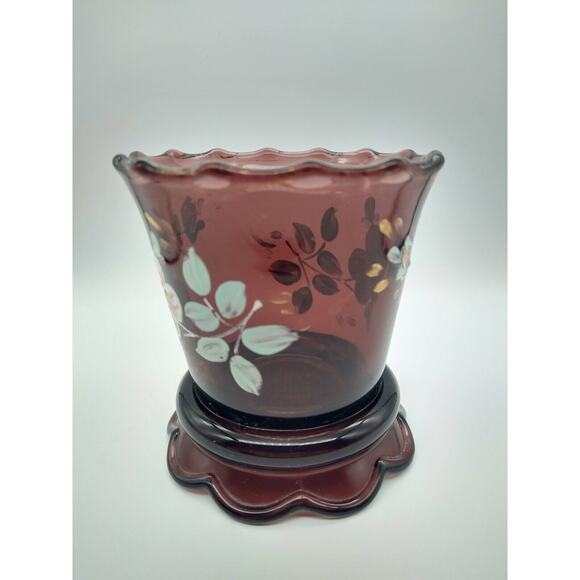 Vintage Amethyst Glass Vase 4” Hand Painted Floral Gold Trim Wear - Picture 11 of 11